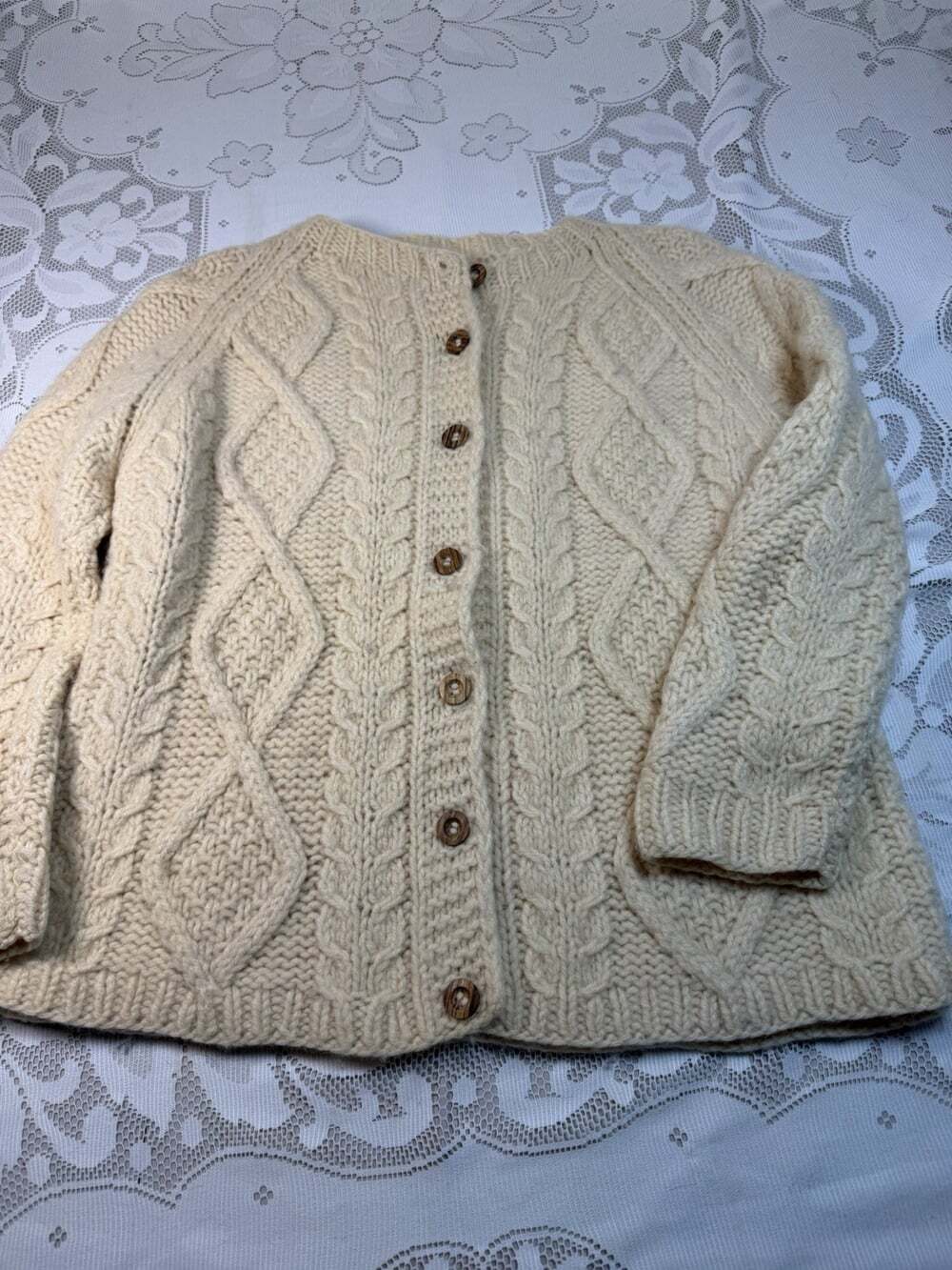 Vntg Isles Of Aran 100% Natural WOOL Fisherman KNIT Cardigan Pit2pit40”/L22.5 🎣